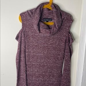 Cowl neck, cold shoulder sweater dress